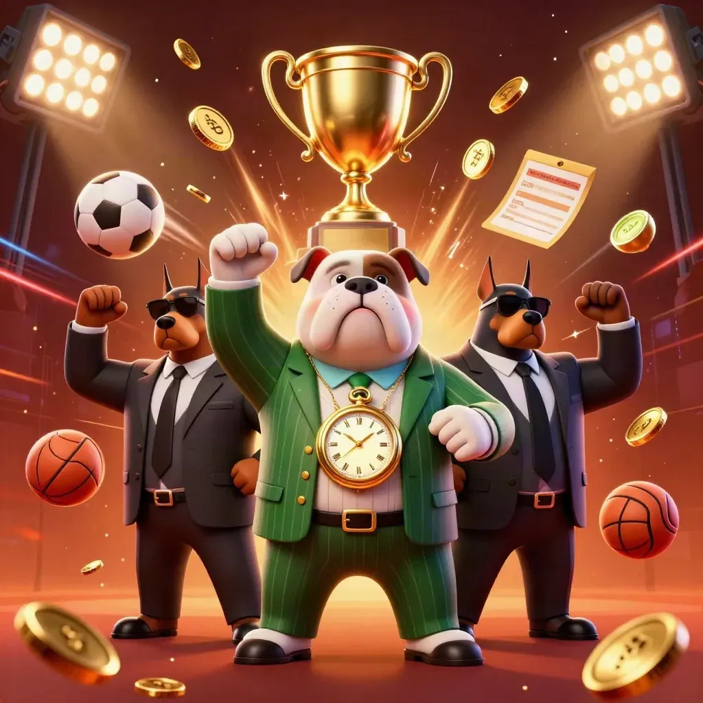 Bulldog boss with two bodyguards amid gold coins, sports balls, trophy, and fireworks.