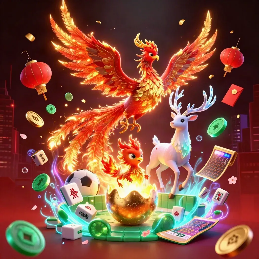 Phoenix, stag and baby phoenix burst through gold coins, lanterns and fireworks in a premium casino scene.