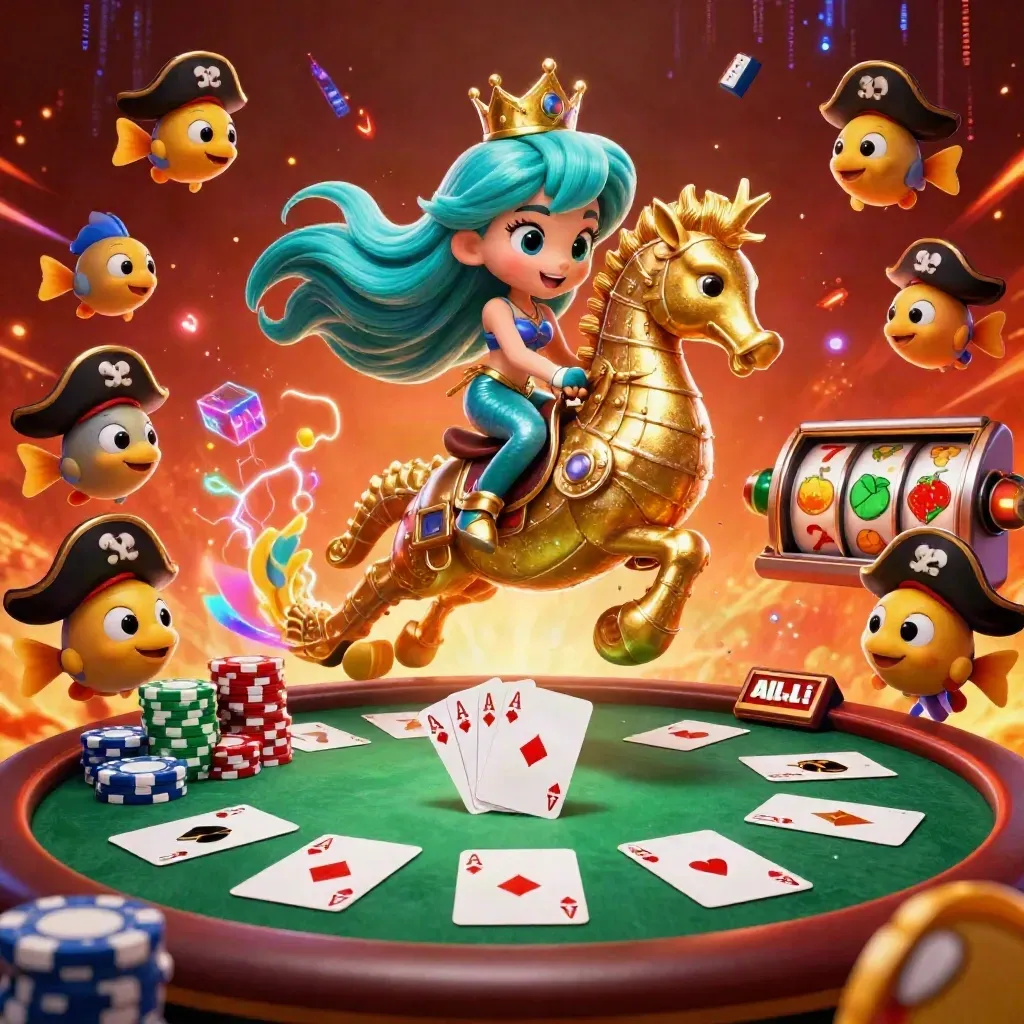Mermaid princess on armored seahorse amid poker chips, cards, neon effects, and slot symbols.