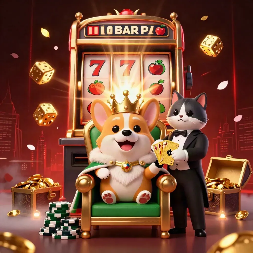 Royal corgi and cat butler amid slot bursts, gold chips, dice, and a dark casino glow.