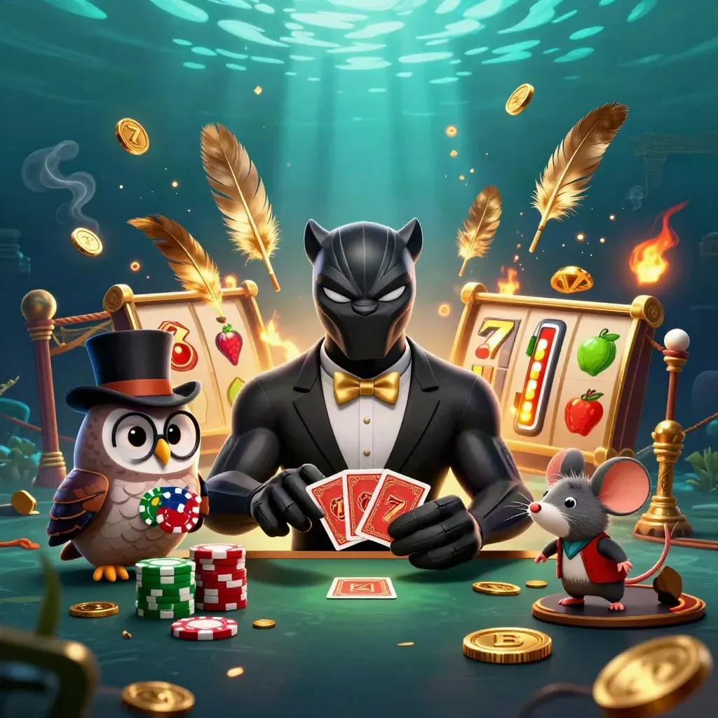 Panther, owl, and mouse casino heroes amid coins, reels, torches, and temple ruins