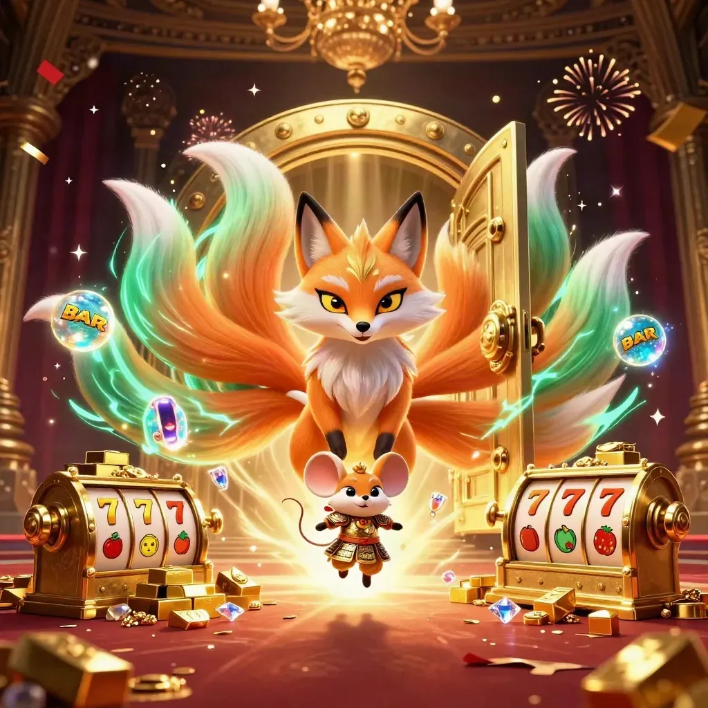 Nine-tailed fox spirit and armored samurai mouse amid gold vault, reels, gems, and magic.