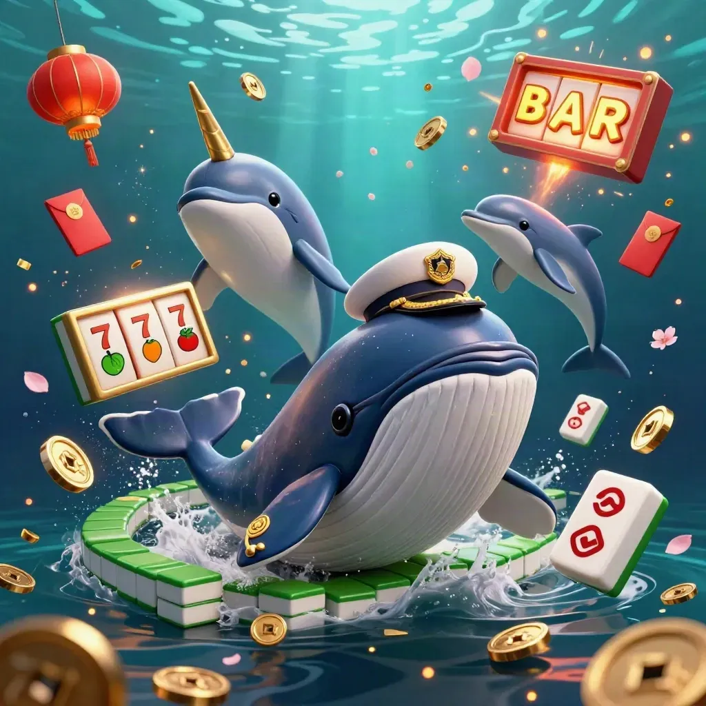 Whale captain, narwhal, and dolphins burst through coins with lanterns, reels, and jade coins.