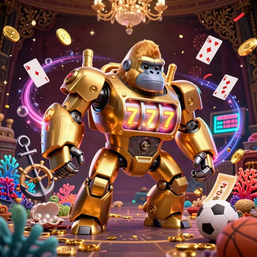 Golden gorilla slot-mech with monkey pilot, treasure cove effects, sports props, and glowing casino energy