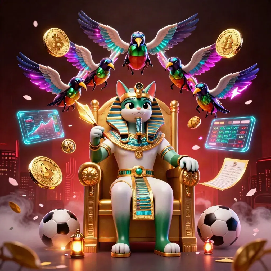 Pharaoh cat on gold throne with ibis scribe, scarab beetles, glowing coins and sports betting props.