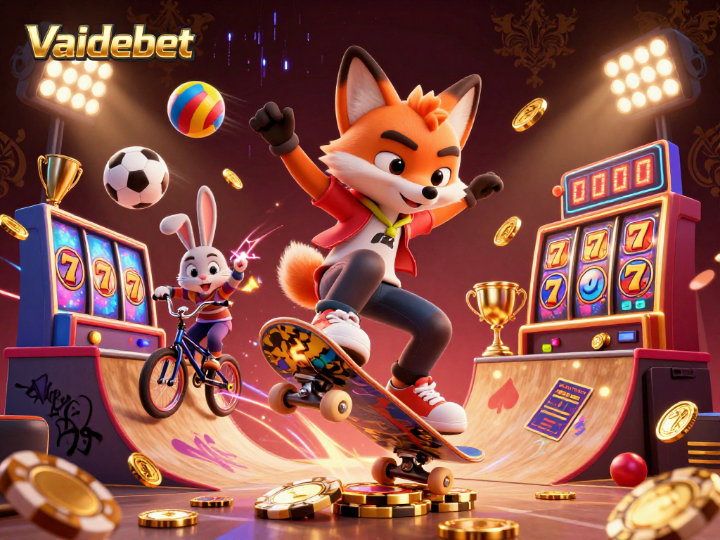 Experience thrilling gaming with Vaidebet, showcasing animated fox and rabbit in an energetic casino scene.