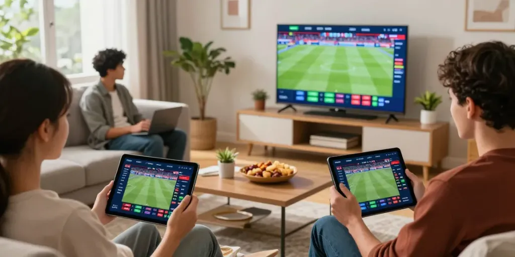 People engaging with the five88 betting platform in a lively home setting.