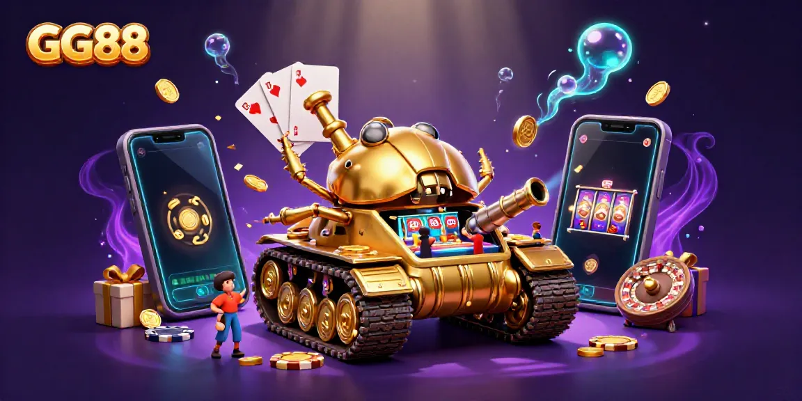 Engage with GG88's immersive casino experience featuring a massive golden beetle tank and colorful gaming elements.