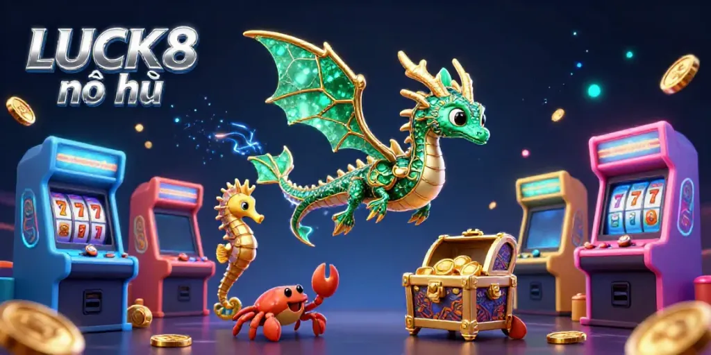Experience vibrant gameplay with LUCK8 nổ hũ, featuring colorful slot reels, dragons, and treasure chests.