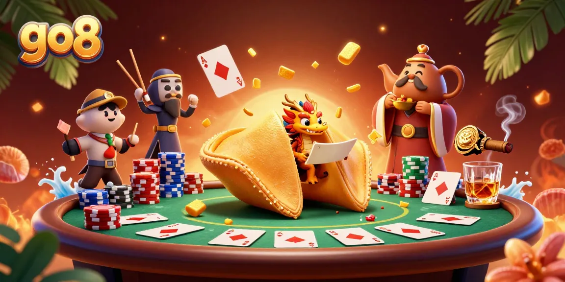 Experience the excitement of go8 gaming with a vibrant, whimsical 3D illustration showcasing poker elements and unique characters.
