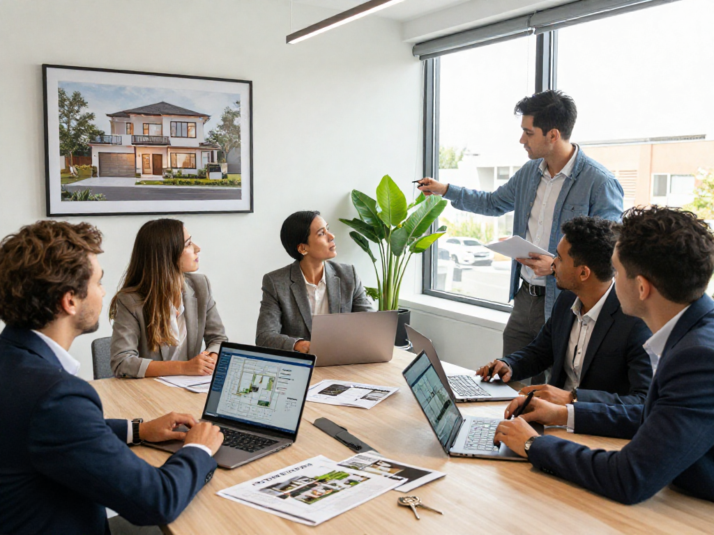 IDXSTAR at a real estate strategy meeting with team discussing property visuals and data analysis.