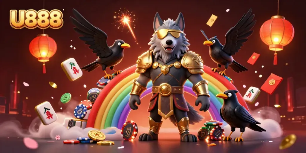 Experience epic gambling with U888's vibrant 3D casino scene featuring Odin and his ravens.