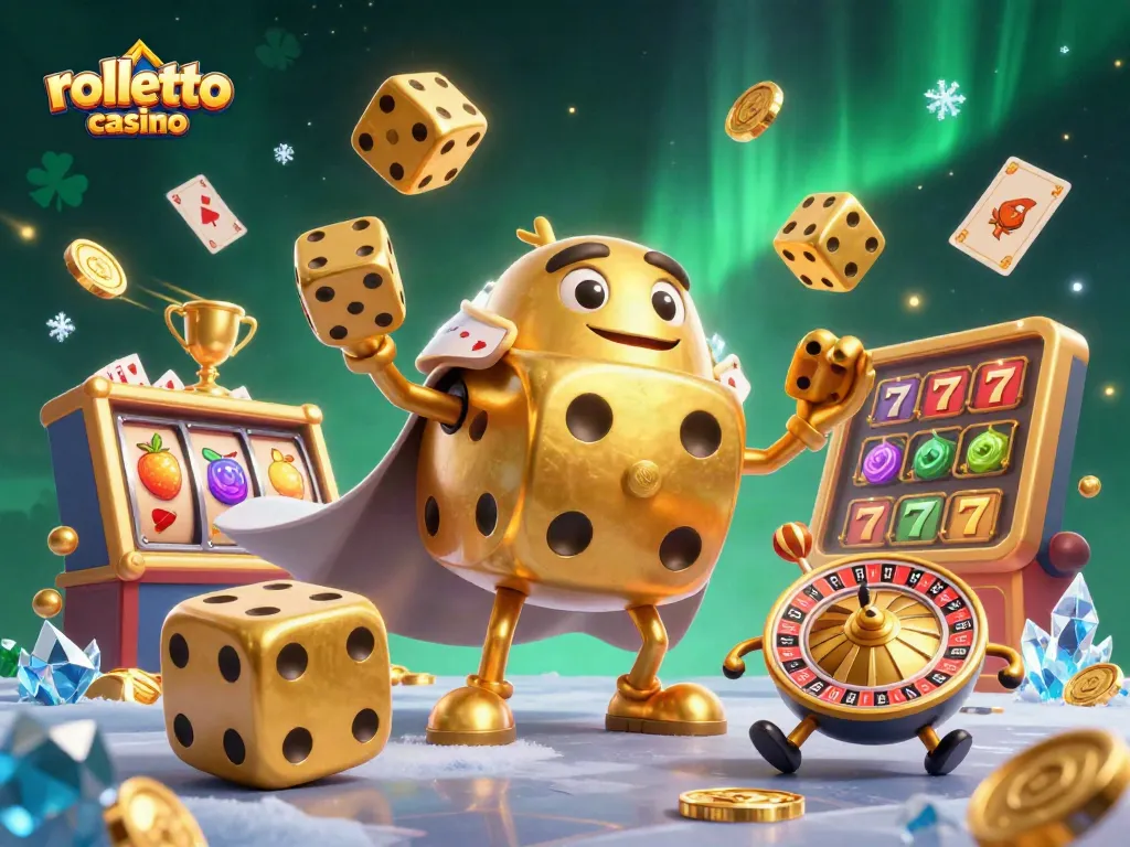 Experience excitement at Rolletto Casino with golden dice, vibrant slots, and dynamic betting elements.