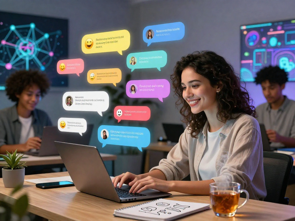 Engaging moment of a woman discussing ai chat porn in a vibrant digital workspace with emotive chat bubbles.