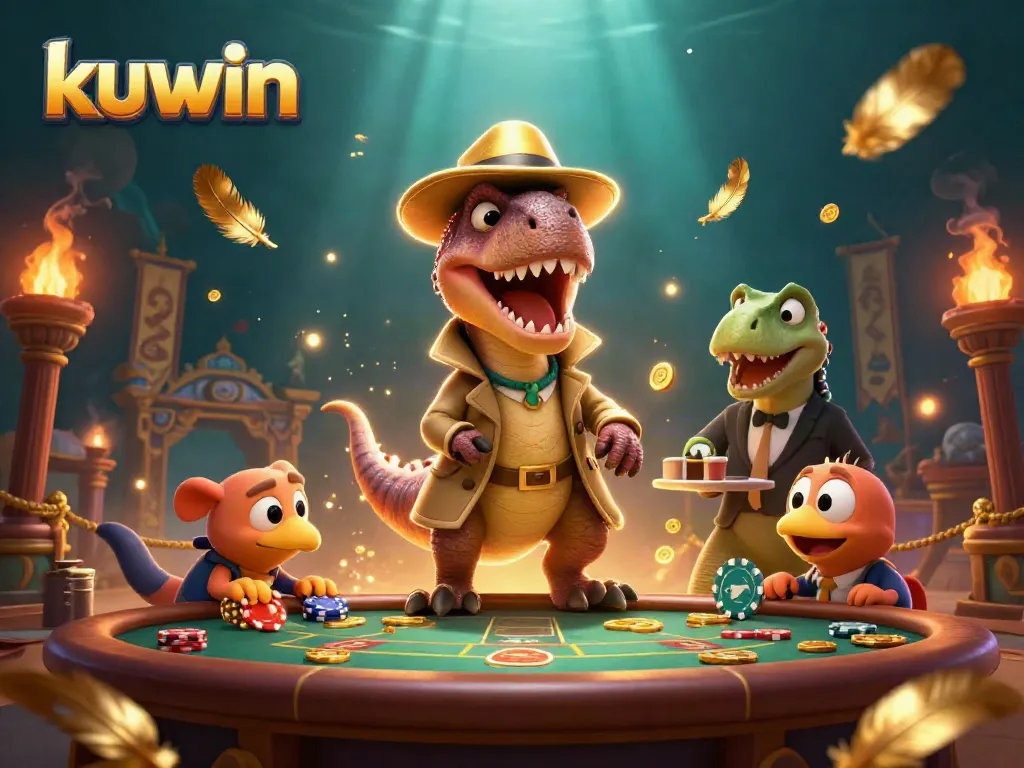 Kuwin casino scene with a velociraptor card counter, stegosaurus pit boss, and chip-stealing compy in a vibrant setting.