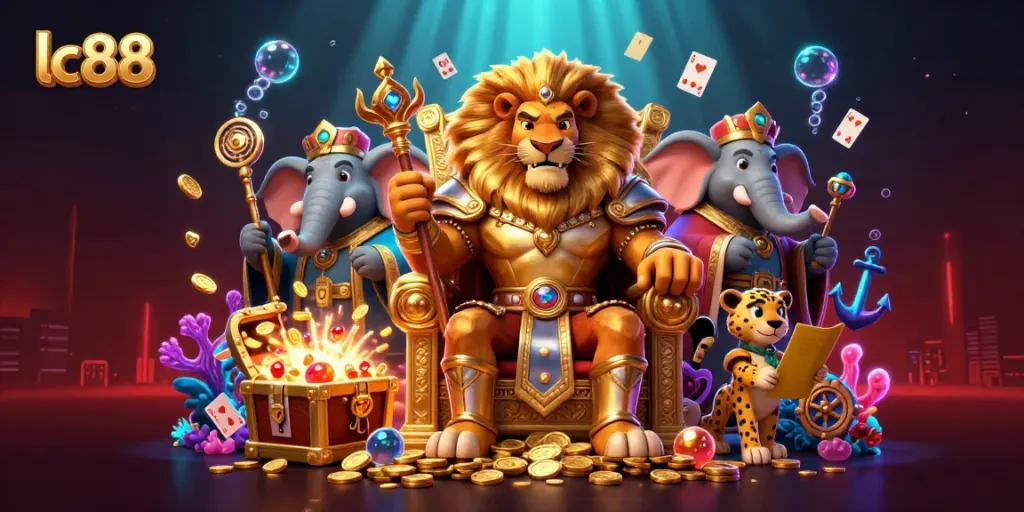 Engage in thrilling gameplay at lc88 with a regal lion king presiding over wealth and slots.