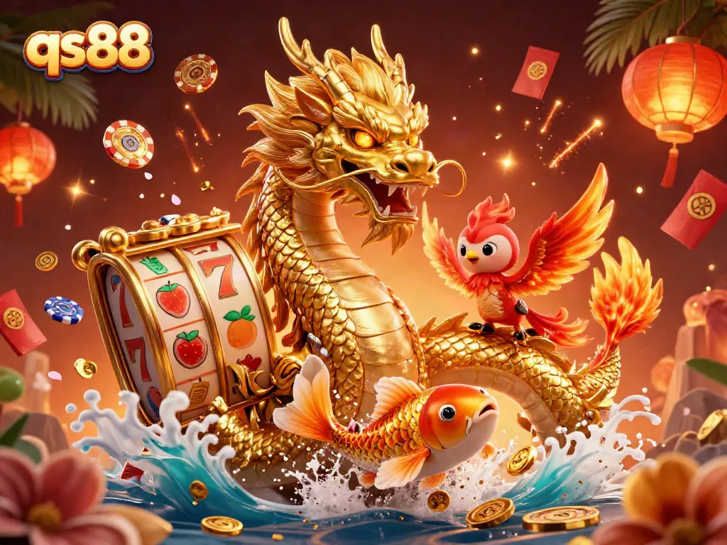 Experience exciting wins at qs88 with a dynamic casino scene featuring a golden dragon, phoenix, and koi fish.
