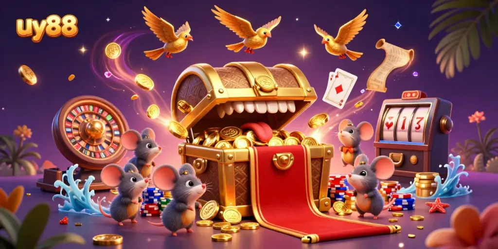 Experience the excitement of uy88 with golden treasure, casino elements, and vibrant 3D characters.