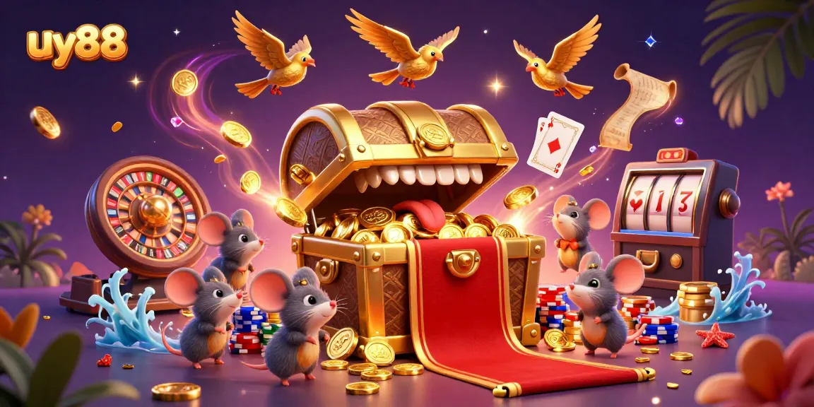 Experience the excitement of uy88 with golden treasure, casino elements, and vibrant 3D characters.