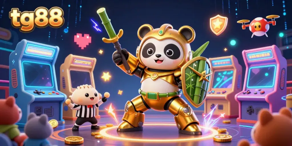 Experience the excitement of tg88 with a golden panda mech in a dynamic 3D casino arcade.