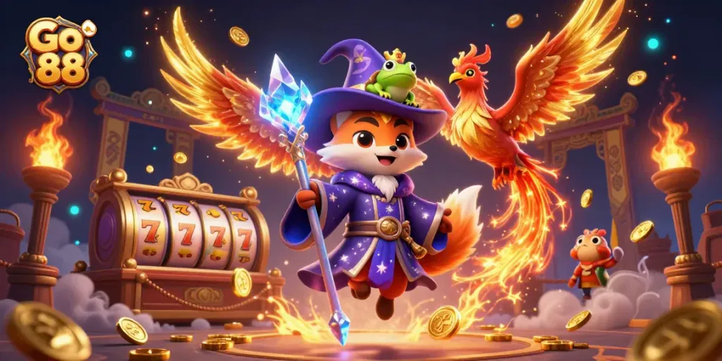 Experience thrilling slots and golden rewards at Go 88 in this vibrant casino illustration.