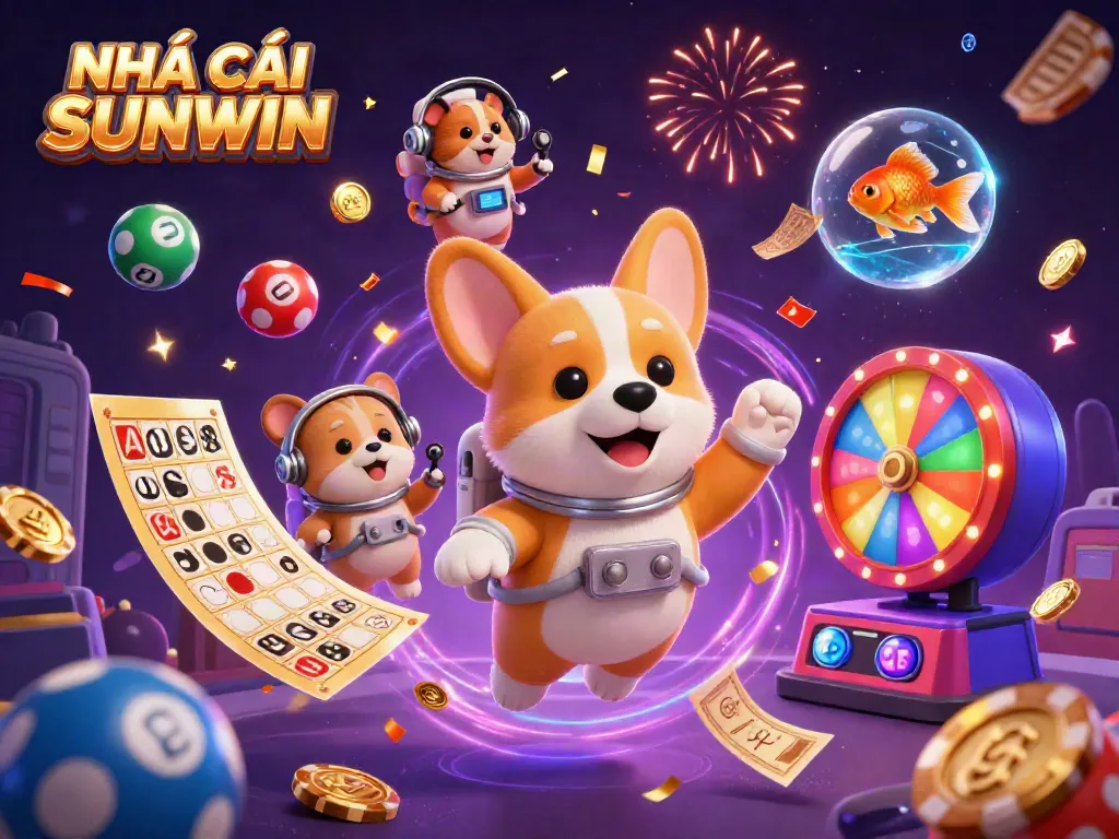 Experience the fun of NHÀ CÁI SUNWIN as a corgi plays in a floating casino environment.