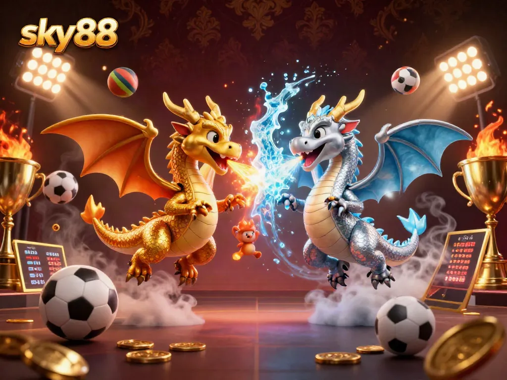 Experience thrilling moments with sky88 as gold and silver dragons battle in a vibrant casino scene.