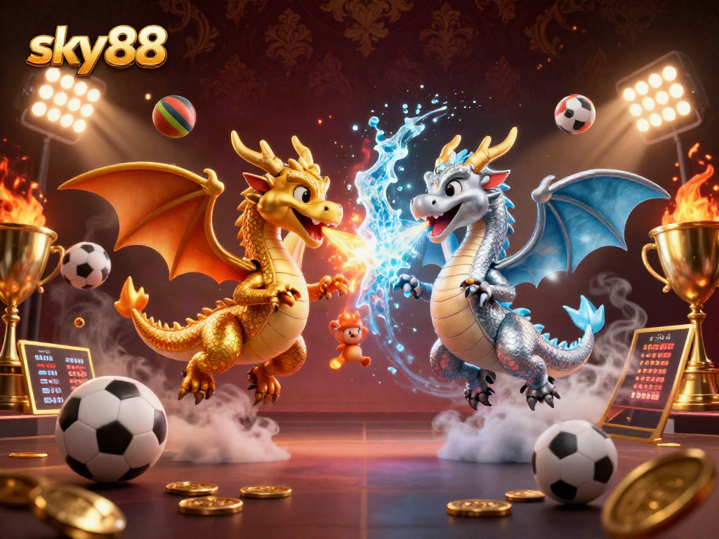 Experience thrilling moments with sky88 as gold and silver dragons battle in a vibrant casino scene.