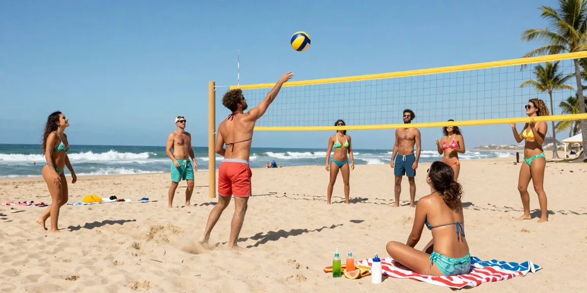 Friends playing beach volleyball while enjoying BIKINISLOT fun in the sun, surrounded by ocean views.
