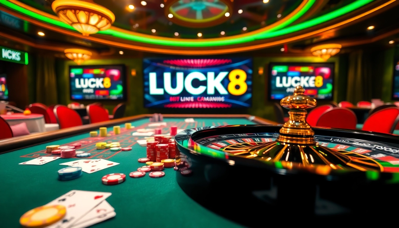 LUCK8 gaming table filled with colorful chips, cards, and a lively roulette wheel in a luxurious casino.