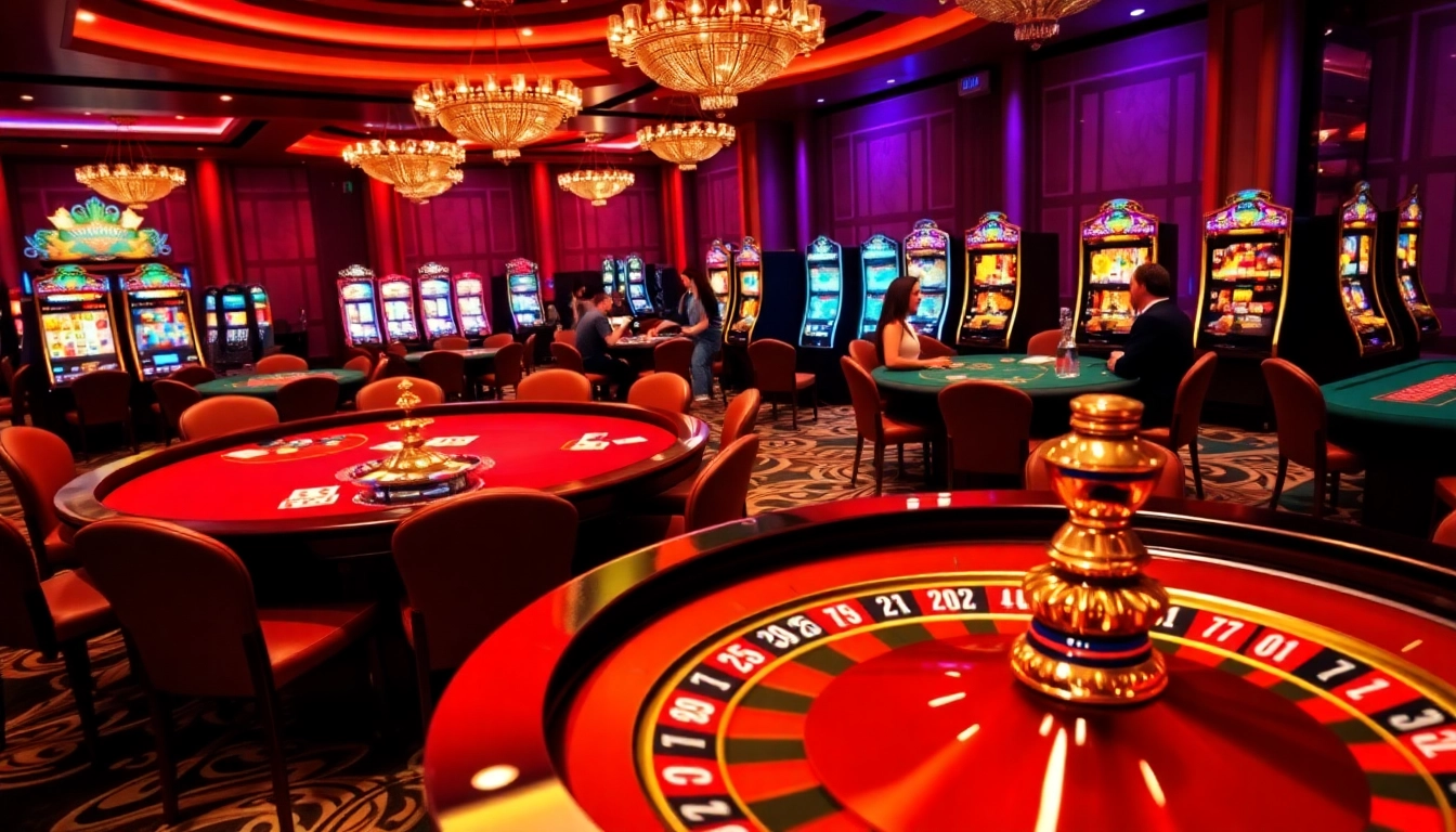 A captivating casino environment highlighting a roulette wheel and gaming tables, promoting the excitement of betting at https://sv88s.pro.