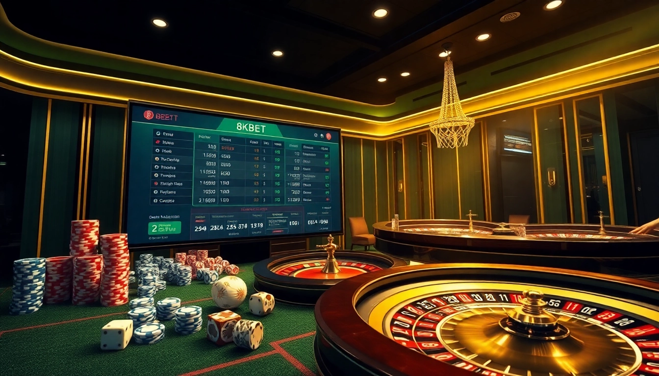 Engaging visual of Thể thao 8KBET sports betting atmosphere with casino elements.