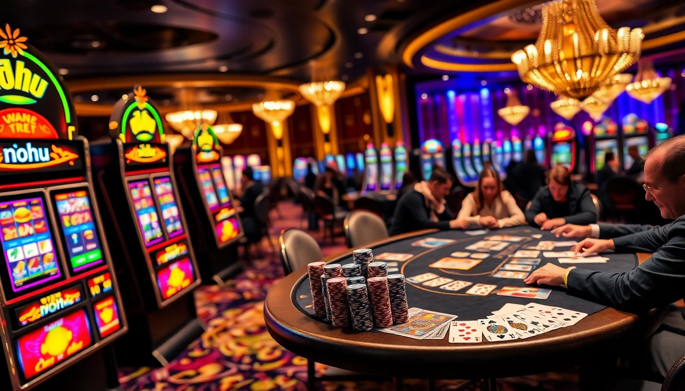 Engaged players at a vibrant nohu casino slot machine and poker table.