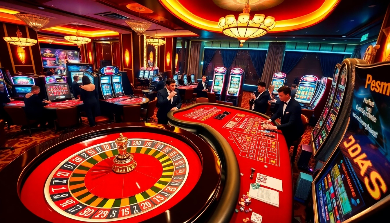 A dynamic casino scene at dom88.us.com featuring a roulette wheel, poker players, and vibrant slot machines.