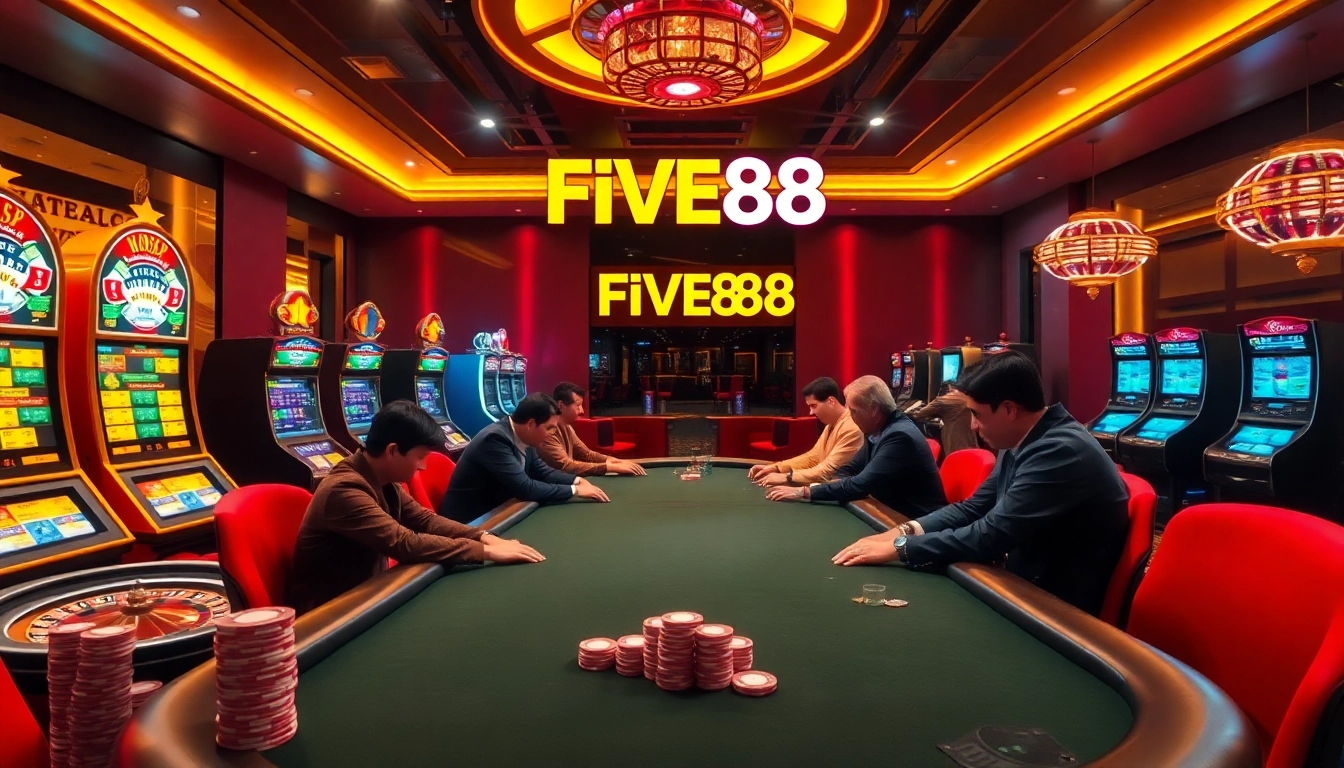 Exciting poker game at FIVE88 casino with vibrant slot machines and roulette wheels.