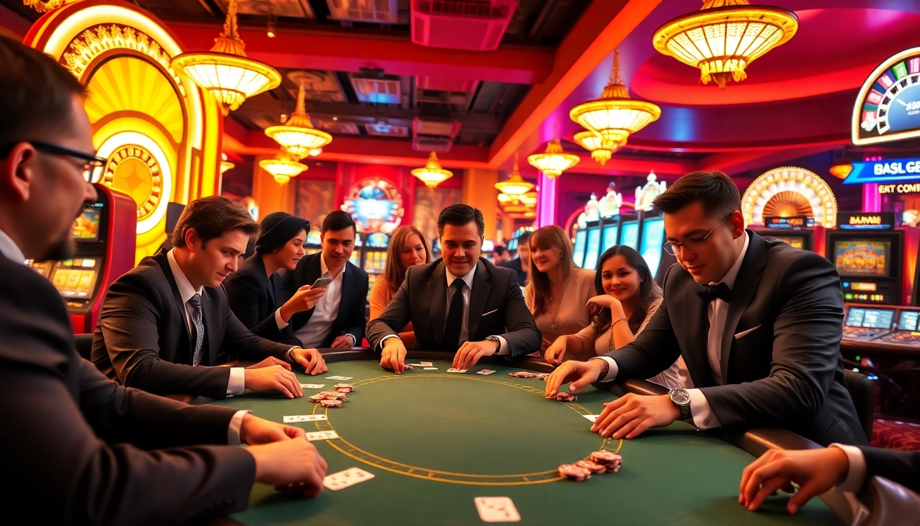 Exciting gambling action at a poker table, showcasing https://febet4.art/ amidst vibrant casino elements.