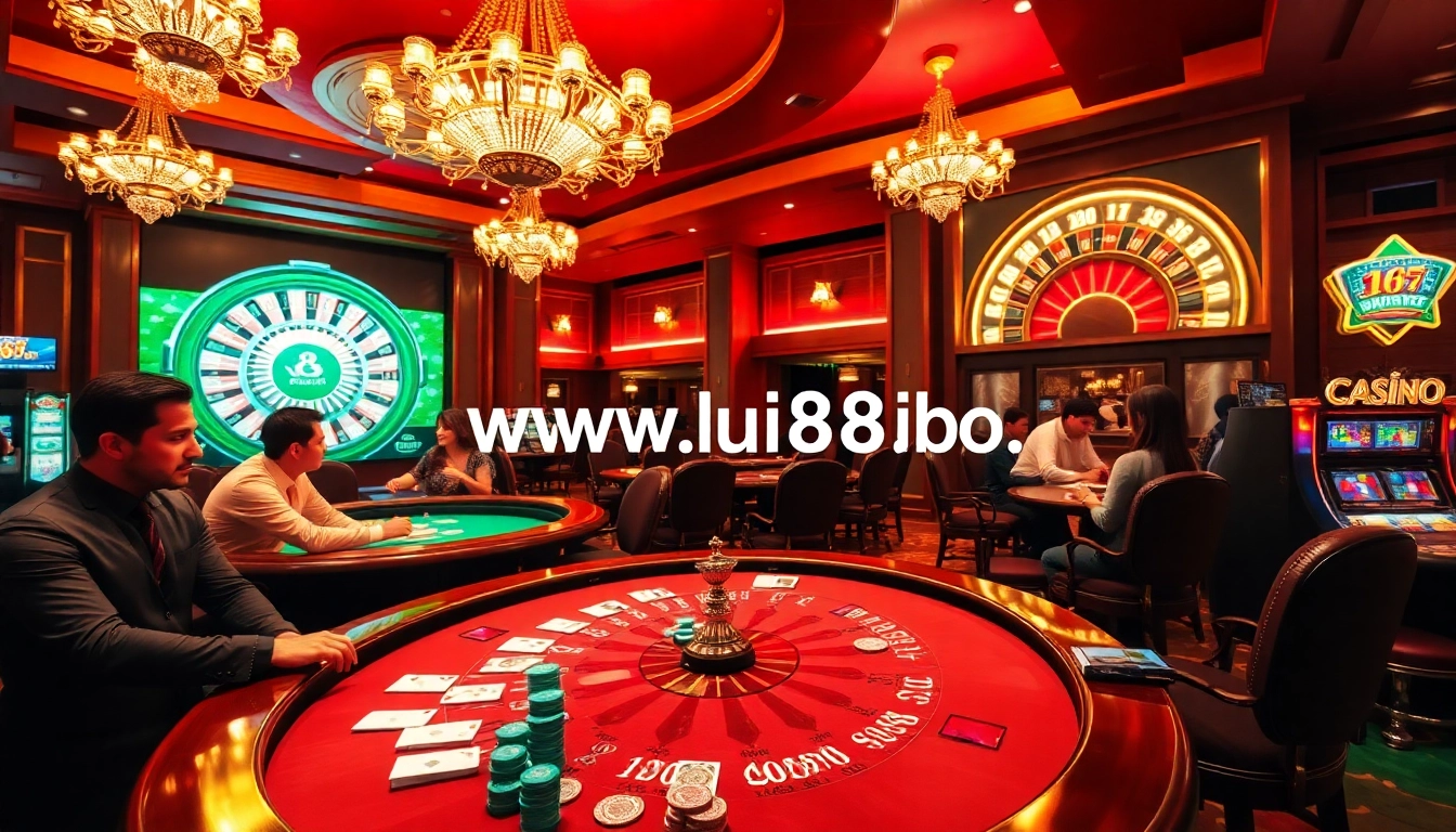 Gambling enthusiasts at vibrant casino tables and online gaming interface at https://uu88.bio/, capturing excitement and strategy.