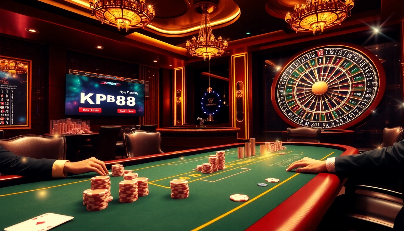 Experience the thrill of KP88 in an upscale casino setting with poker, roulette, and vibrant gaming action.