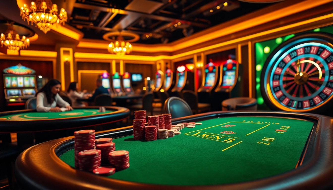 Engaging gameplay at nk 88 casino with luxurious poker tables and vibrant slot machines.
