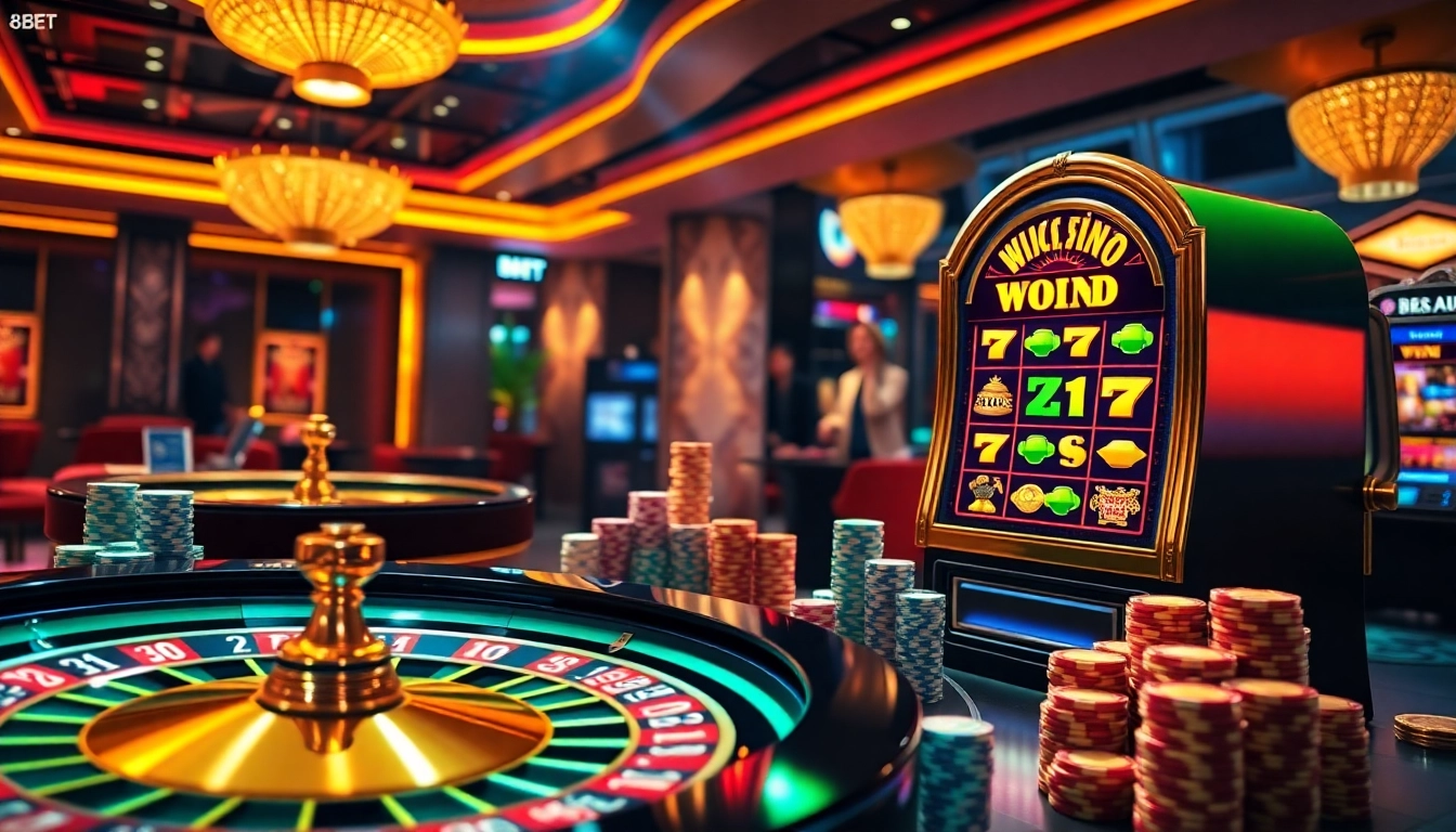 Rút tiền 8KBET process depicted in a luxurious casino setting with vibrant gambling elements.