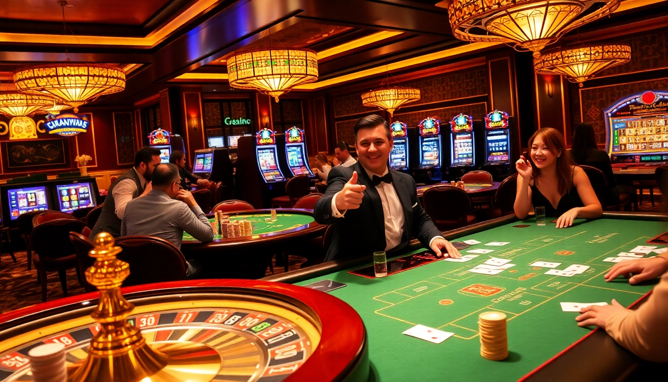 Engaging players at a luxurious casino while betting on tr88 games with vibrant slot machines.