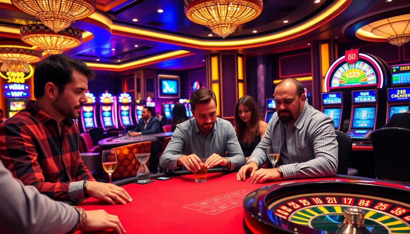 Players enjoying a thrilling poker game at NK 88 casino, with vibrant chips and dynamic atmosphere.