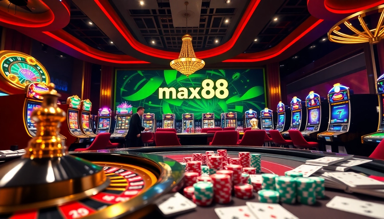 Experience the excitement of nhà cái max88 with vibrant casino games, thrilling poker chips, and roulette.