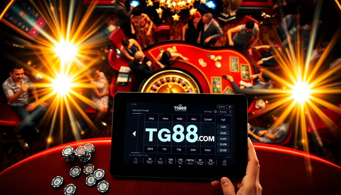 Experience the excitement of gambling at TG88.com with a vibrant casino scene featuring roulette and poker.