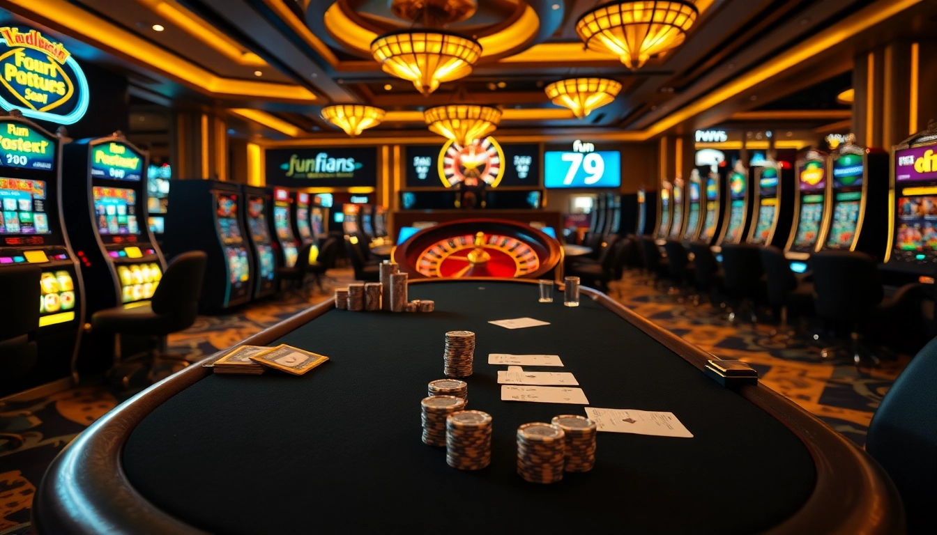 Experience thrilling wins at fun 79 featuring an elegant casino filled with poker tables and slot machines.