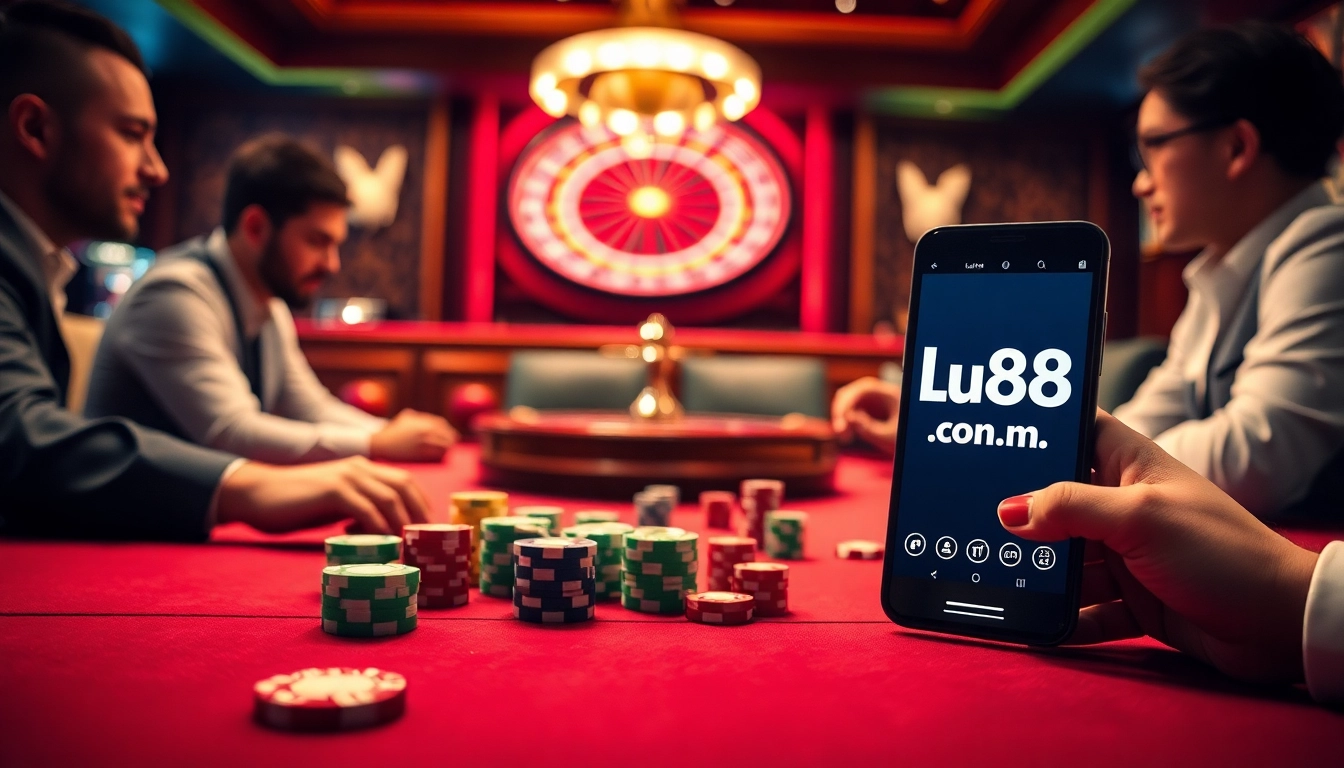Engaging poker game at Lu88.com with colorful chips and vibrant casino atmosphere.