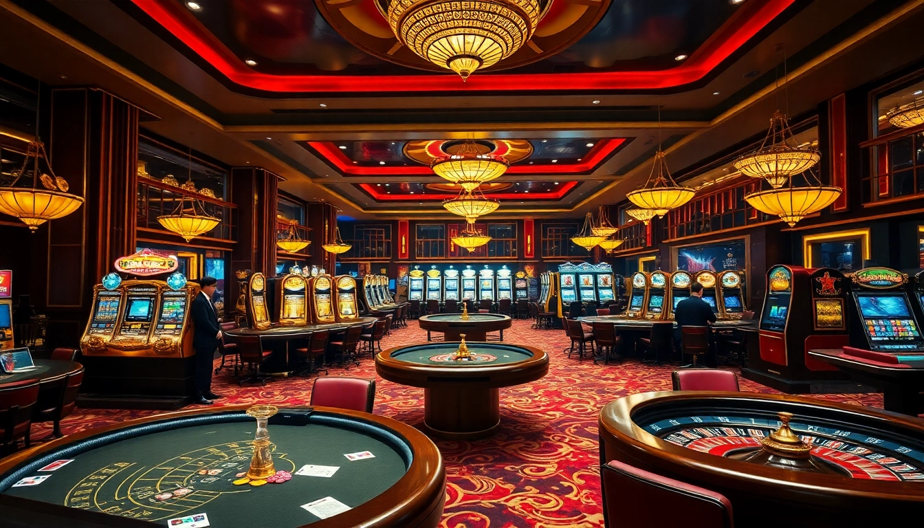 Engaging gambling scene on https://winvn.wiki with poker tables, slot machines, and vibrant casino decor.