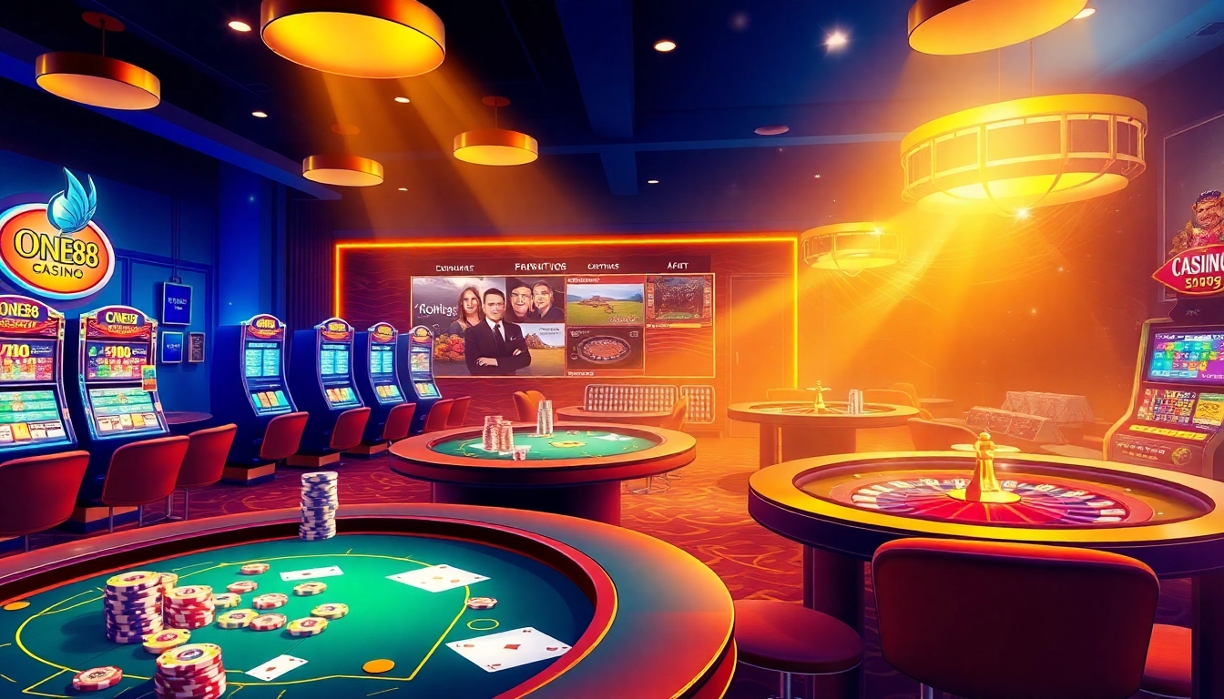 Experience the thrill of betting at https://one88.sa.com/ with vibrant casino tables and excited gamblers.