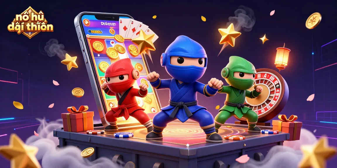 Nổ hũ đổi thưởng with a dynamic scene featuring 3D chameleons performing martial arts, gambling elements around.