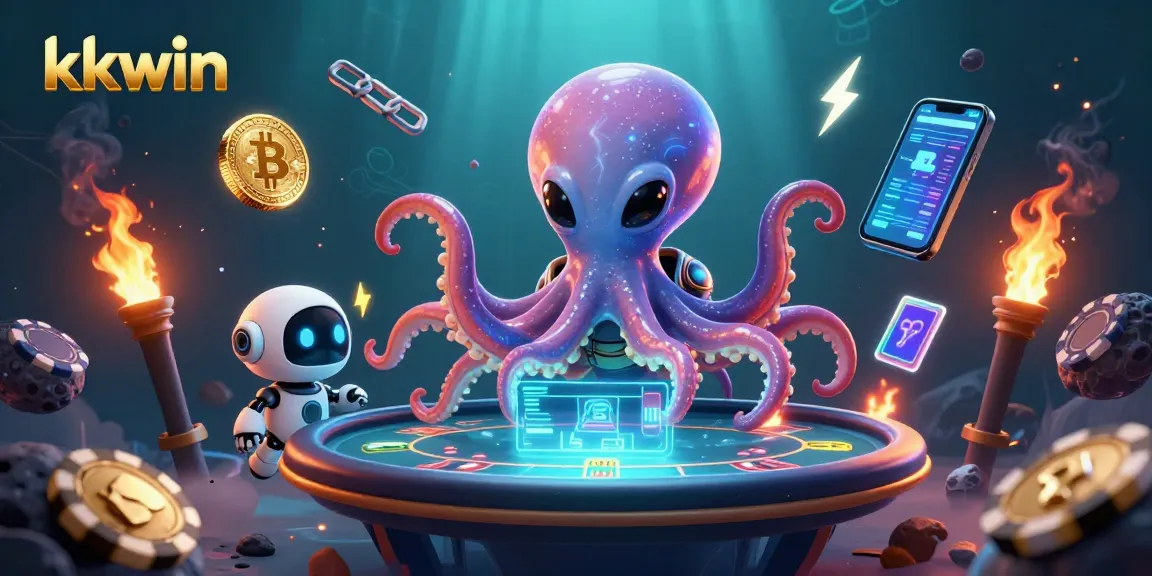 Engage with kkwin's immersive 3D casino experience featuring an alien octopus at a holographic poker table with cryptocurrency elements.